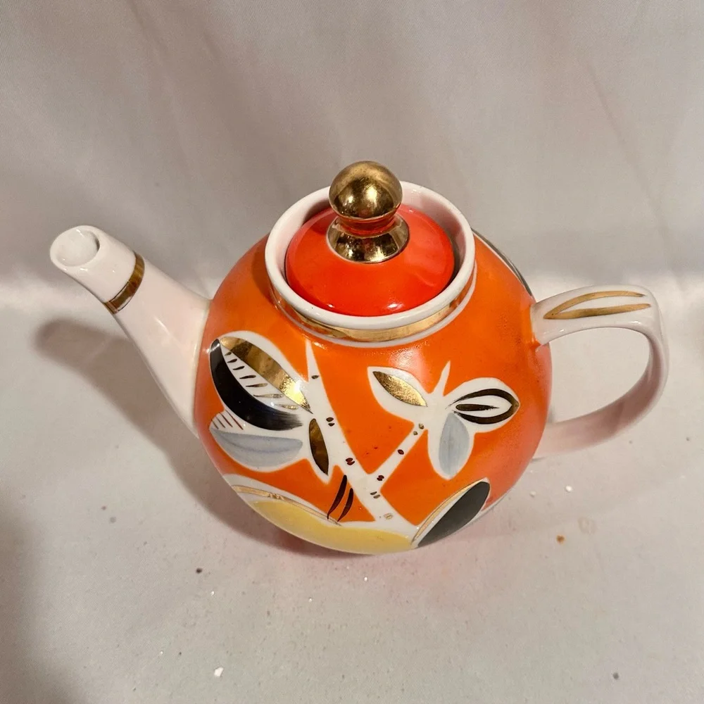 Vintage 60s Pop Atomic Orange and Yellow Porcelain Teapot Gold Trim